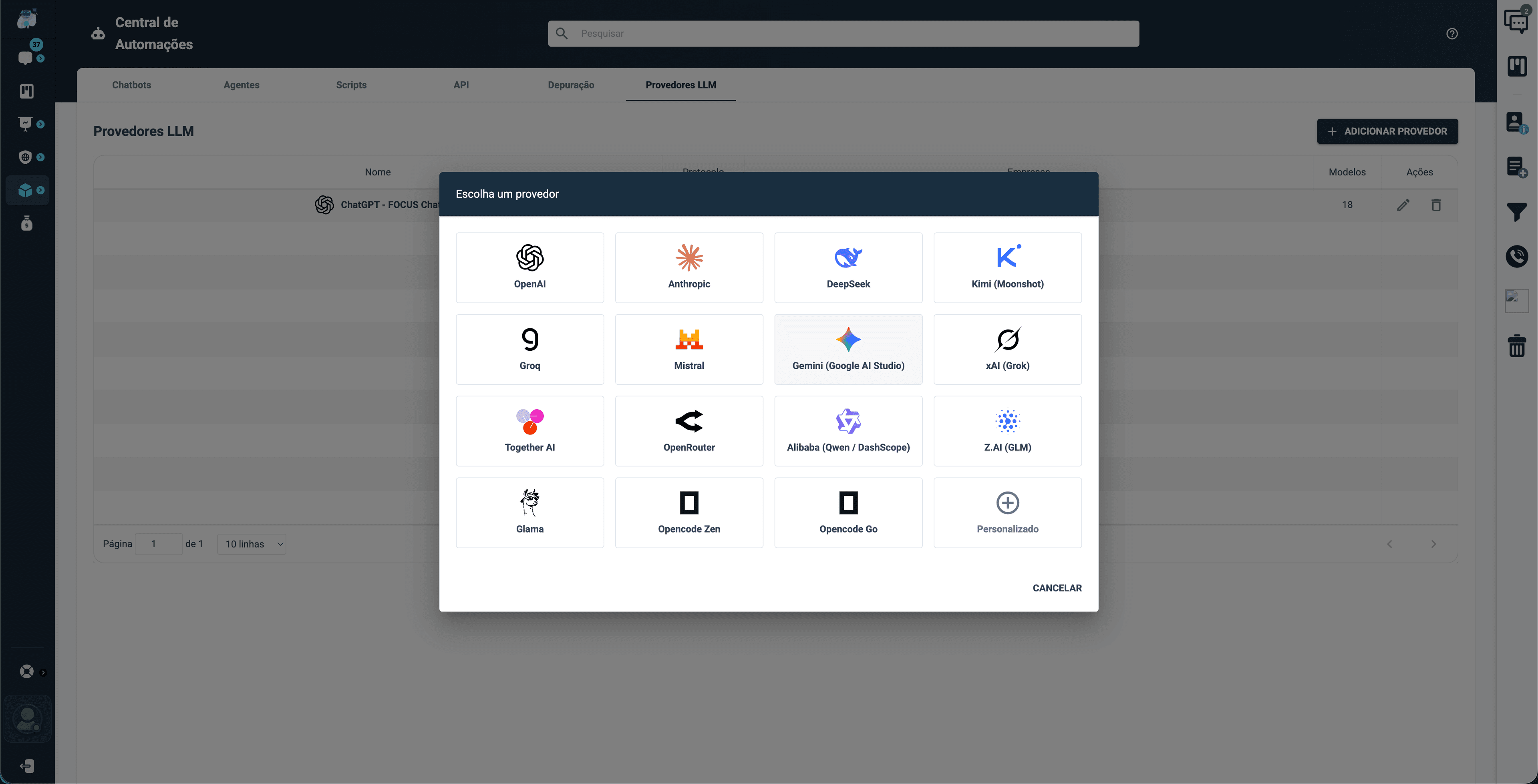 Seletor de provedores de IA da Focus com OpenAI, Anthropic, DeepSeek, Gemini, Mistral, Groq, xAI e outros LLMs.